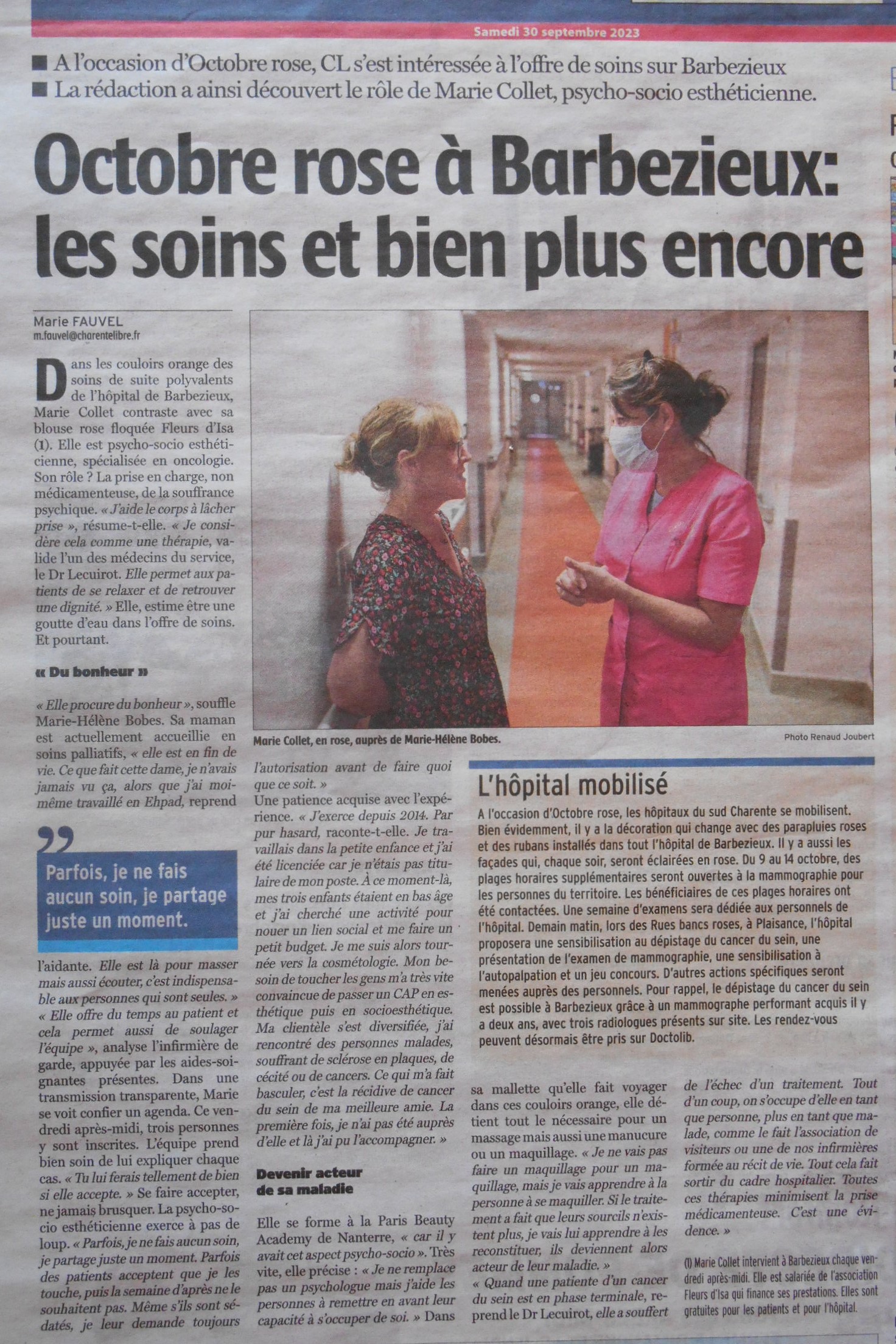 Extrait du journal "La Charente Libre" du 30.09.2023, portant le titre "Octobre rose à Barbezieux: les soins et bien plus encore", avec Marie Collet, psycho-socio-esthéticienne à Dirac